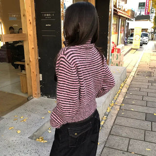 Voluminous Striped High-Neck Cardigan