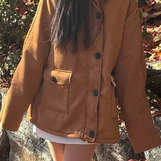 Vintage Suede Hooded A-Line Single Coat