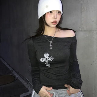 Mione Y2K Hip Girl Antique Cross One-Shoulder Top (2 colors)