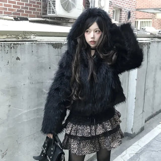 Himeno Feminine Crop Hooded Fur Jacket