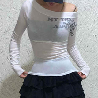 Lettering Drape Neck Shirring Slim Fit Long Sleeve Tee