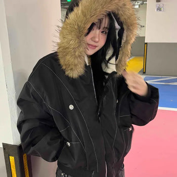 Voluminous Fur Collar Oversized Duck Down Quilted Stitch Padded Jacket