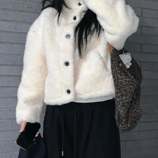 Button-up Real Sheepskin Drop Shoulder Volume Fleece Jacket