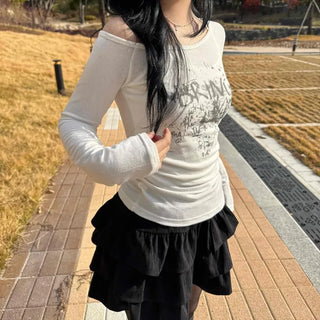 Vintage Lettering Print Slim Fit Round Neck Long Sleeve Tee