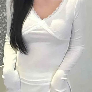 Flare Cuff Ribbon Tie V-Neck Inner Long Sleeve T-Shirt