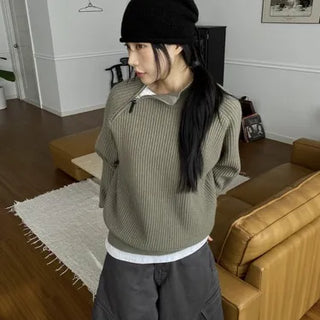 Lining Shoulder Diagonal Zip-Up Knit