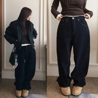 Andip Non-Fade Denim Wide Pants [Fleece-lined]