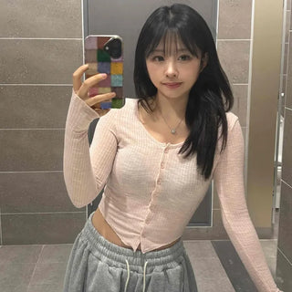Delicate Fit Button Ribbed Slim Long Sleeve T-shirt