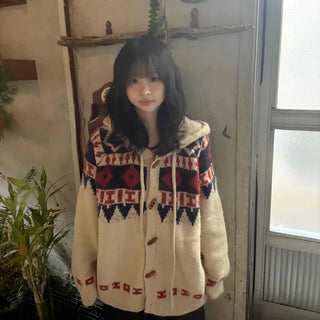 Vintage Pattern Hooded Knit Cardigan