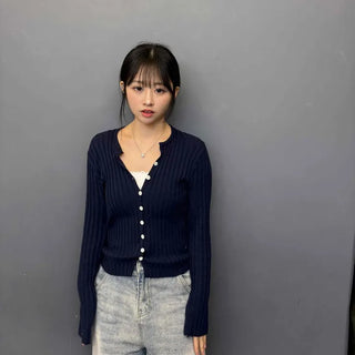 Daily Ribbed Crop V-Neck Button Knit Cardigan