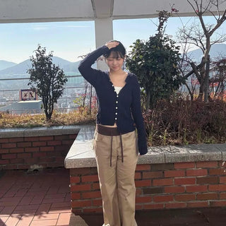 Natural Loose Fit Cargo Drawstring Cotton Wide Pants