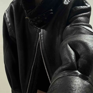 Billow Sheepskin Collar Quilted Leather Rider Jacket