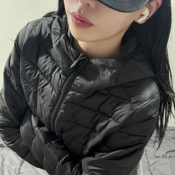 Urban Standing Collar Glossy Diamond Quilted Long Padded Jacket