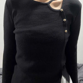 Shoulder Cutout Gold Button Slim Fit Ribbed Knit