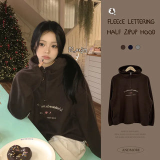 Full of Cuteness, Thick Fleece Half-Zip Lettering Embroidery String Avant-garde Loose Fit Hoodie
