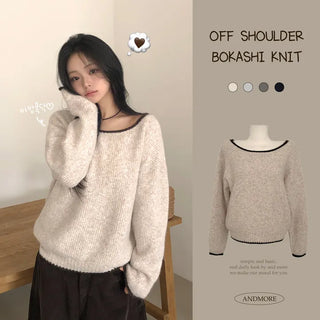 Delicate~ Thick heathered color block off-shoulder lip neck avant-garde loose fit long-sleeve knit