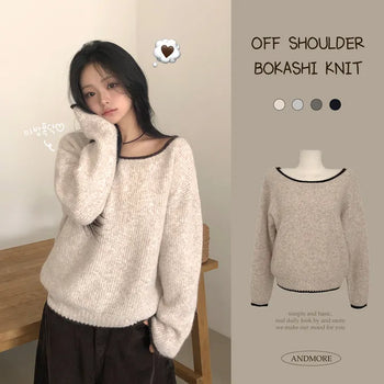 Delicate~ Thick heathered color block off-shoulder lip neck avant-garde loose fit long-sleeve knit
