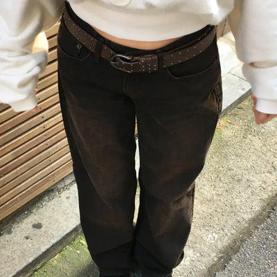 Brown Washed Raw Straight Denim Pants