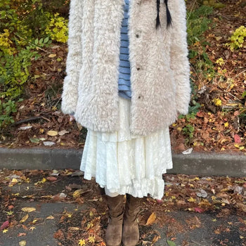 Cream Fur Short Coat Half Collar Fur Jacket