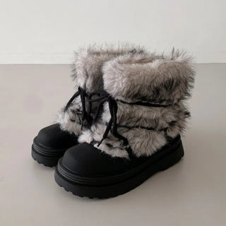 ◈Cold Wave Item◈ Fur Warmer Boots Lace-up Thermal Fur Boots Work Boots Fur Shoes Fur Shoes Winter Mid-length Short Sapporo Leg Warmers Faux Fur Platform Shoes