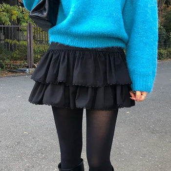 Wooden Frill Culottes Lace/Mini Skirt/Frill Skirt/Tiered Skirt Pants/Undershorts/Layered/ Wedding Guest Look/Year-end Look