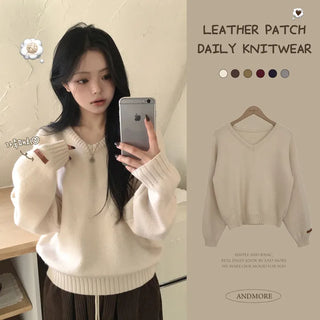 Knit Must-Have, Daily Plain V-neck Leather Label Sleeve Delicate Avant-garde Loose Fit Long Sleeve Knit