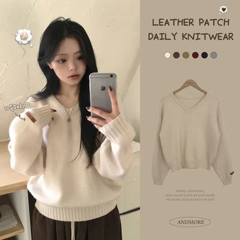 Knit Must-Have, Daily Plain V-neck Leather Label Sleeve Delicate Avant-garde Loose Fit Long Sleeve Knit