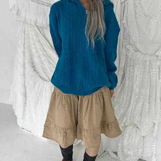 Eto Blue Cable Knit Loose Fit Zip-Up Hoodie