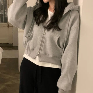 Deru Double-Fleece Two-Way Crop Zip-Up Hoodie