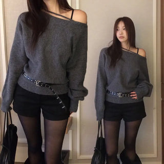 Diped Off-shoulder String Knit