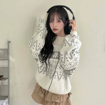 Balletcore Fair Isle Embroidered Pattern High Neck Loose Fit Knit