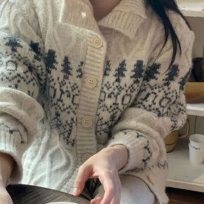 High-neck Cable Knit Snowflake Nordic Cardigan
