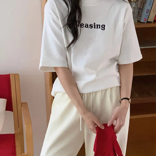 Embroidered Lettering Peach Fleece-lined Short Sleeve Tee  Layered Winter Inner Tee