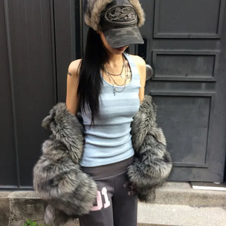 KNIT Striped Halterneck Sleeveless Top with Built-in Cap