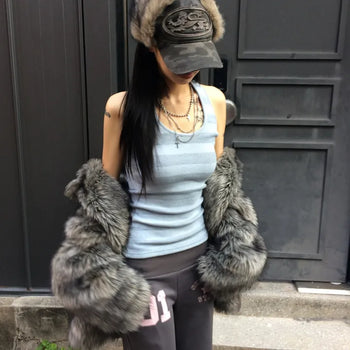KNIT Striped Halterneck Sleeveless Top with Built-in Cap