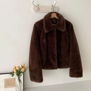 ◈No SheddingFur Jacket Collared Short Coat Oversized Jacket Mink Faux Fur Brown Winter Date Look Outerwear