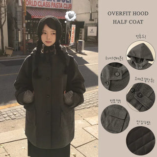 Guaranteed Cuteness, Thick Wool High-Neck Buckle Button Hood Big Pocket Winter Quilted Half Duffle Coat