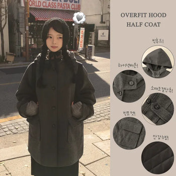 Guaranteed Cuteness, Thick Wool High-Neck Buckle Button Hood Big Pocket Winter Quilted Half Duffle Coat