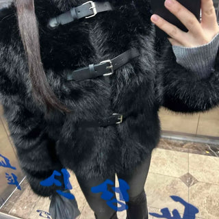 Eco-fur triple buckle duffle crop jacket
