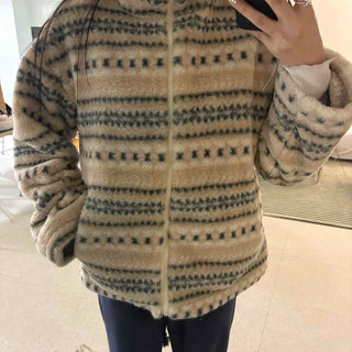 Border Pattern Zip-Up Balloon Fit Sherpa Fleece