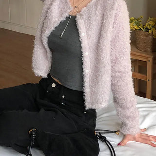 Merry Me Cozy Curly Fur Crop Long Sleeve Cardigan