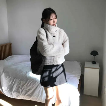 Fluffy Fleece Snap Button Crop Jacket