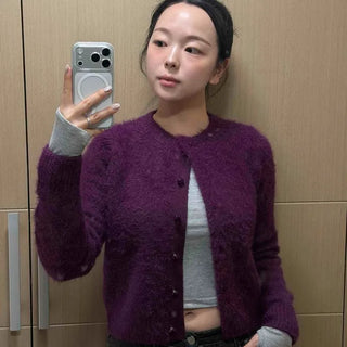 Fuzzy Boucle Color Block Crop Cardigan