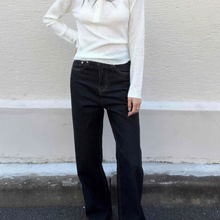High-Waisted Back Double-Button Straight Fit Denim Pants