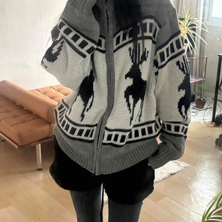 Nordic Deer Winter Pattern Oversized Knit Zip-up