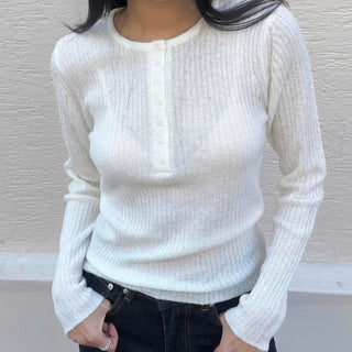 Soft Texture Button Slim Fit Round Ribbed Knit
