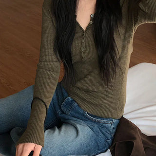 Shini Front Button Ribbed Long Sleeve T-shirt
