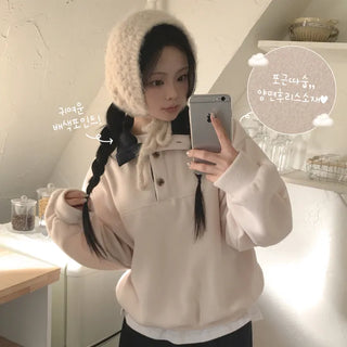 Cute Avant-garde Fit, Effortless Chic Contrast Collar High Neck Button Camping Anorak Avant Loose Fit Fleece Sweatshirt