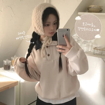 Cute Avant-garde Fit, Effortless Chic Contrast Collar High Neck Button Camping Anorak Avant Loose Fit Fleece Sweatshirt