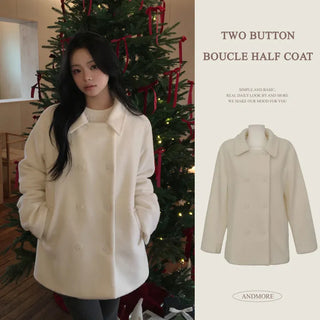 Innocent Date Look, Pure Boucle Shearling Two-Button Collar Double Cream White Half Coat